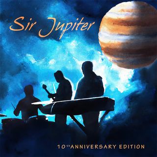 A painting of three musicians in front of the Jupiter planet